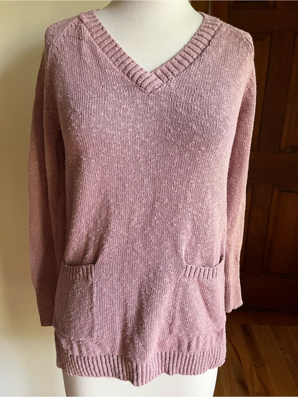 Anthropologie Akini Dusty Rose V-Neck Pocket  100% Cotton Natural Fiber Sweater